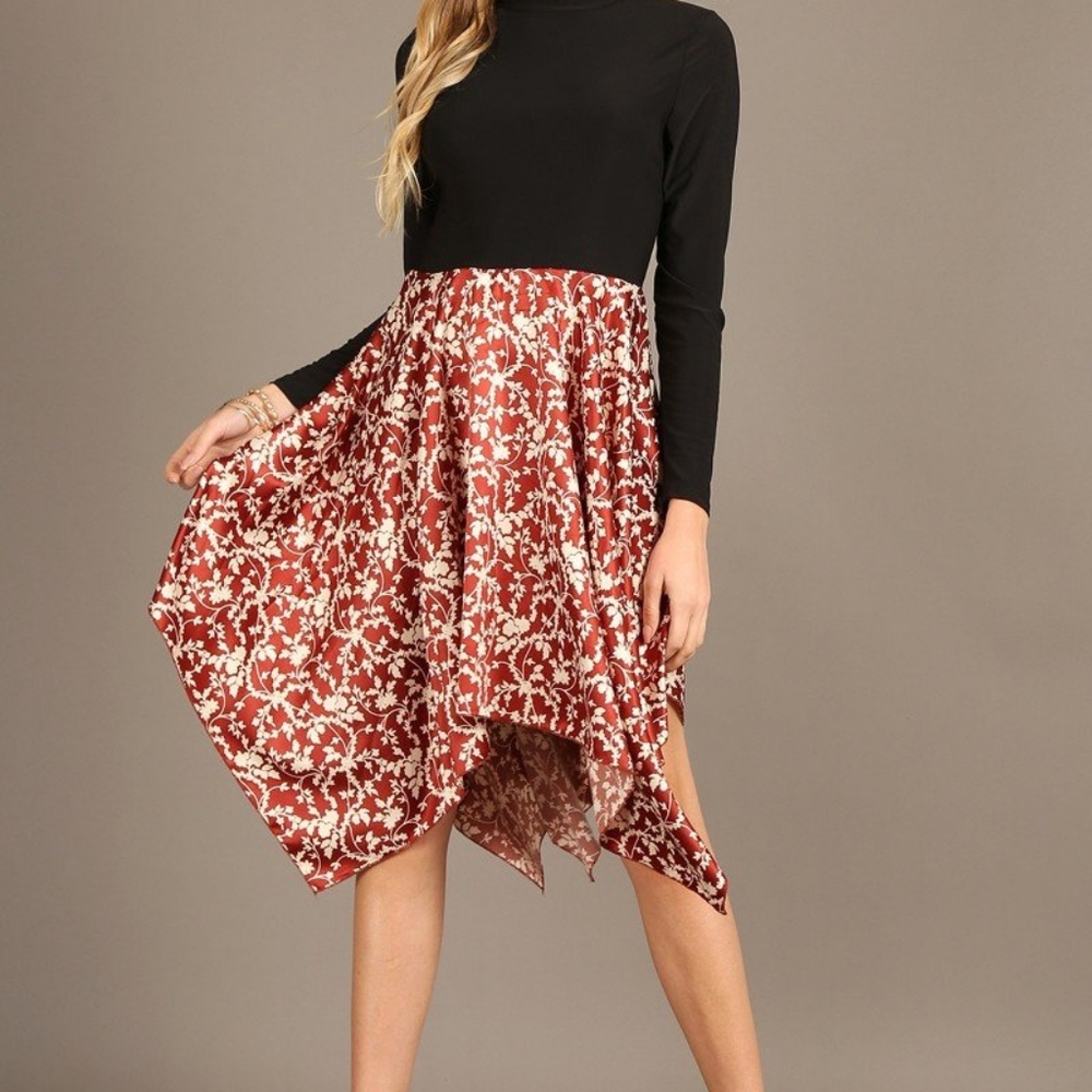 Solid/Print,midi dress,mock neck,long sleeve,asymmetric hem.